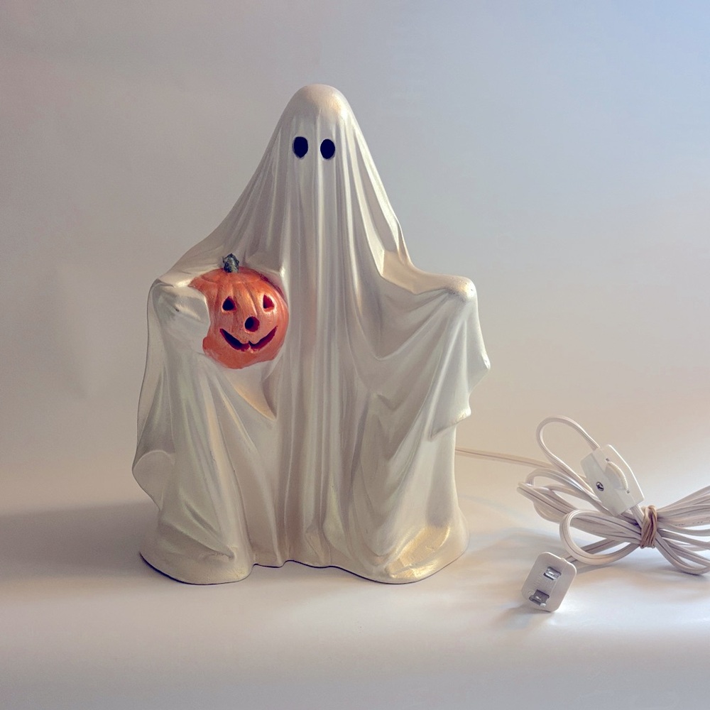 Ceramic Ghost Halloween Lamp with Pumpkin Vintage